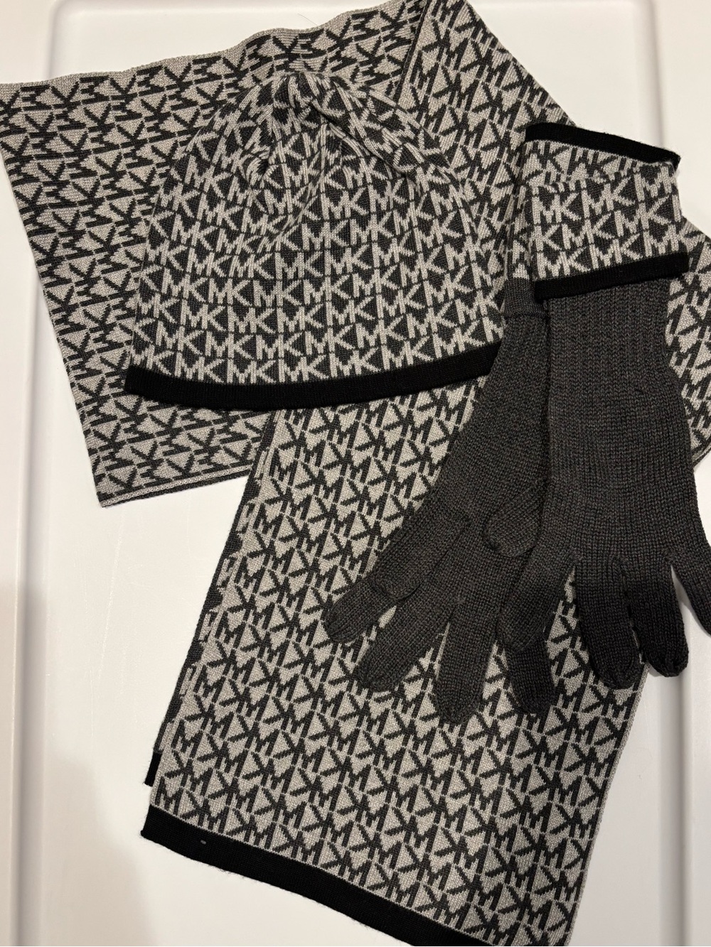 MICHAEL Michael Kors Black & Cream MK Logo Knit Hat, Scarf & Gloves Set